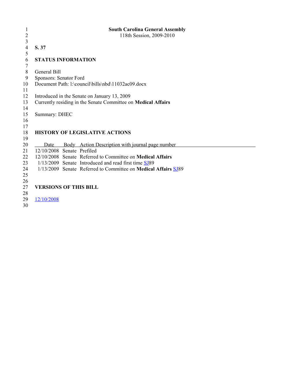 2009-2010 Bill 37: DHEC - South Carolina Legislature Online