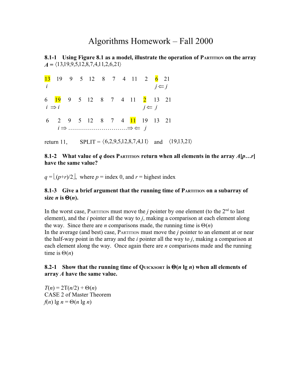 Algorithms Homework Fall 2000