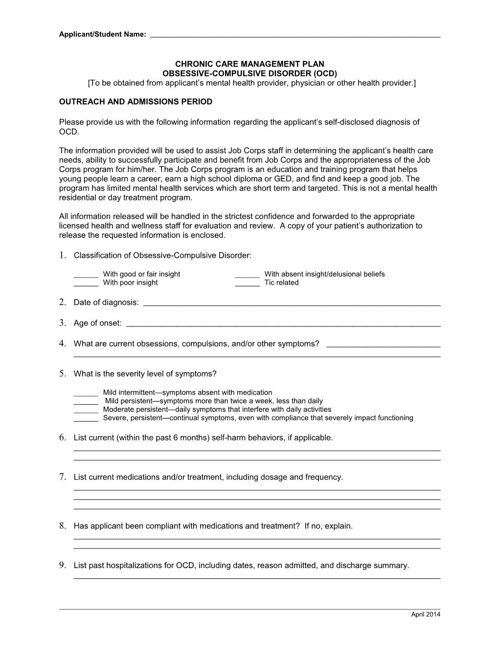 Chronic Care Management Plan: Obessive Compulsive Disorder (OCD)