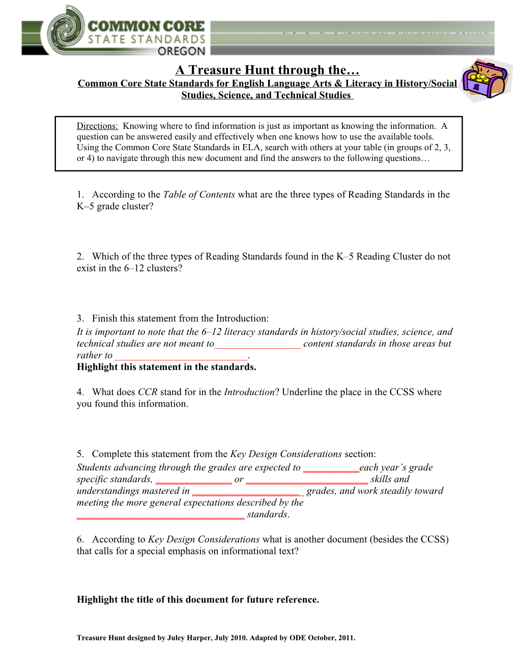 Common Core State Standards for English Language Arts & Literacy in History/Social Studies