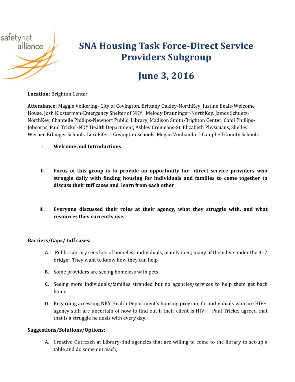 SNA Housing Task Force-Direct Service Providers Subgroup
