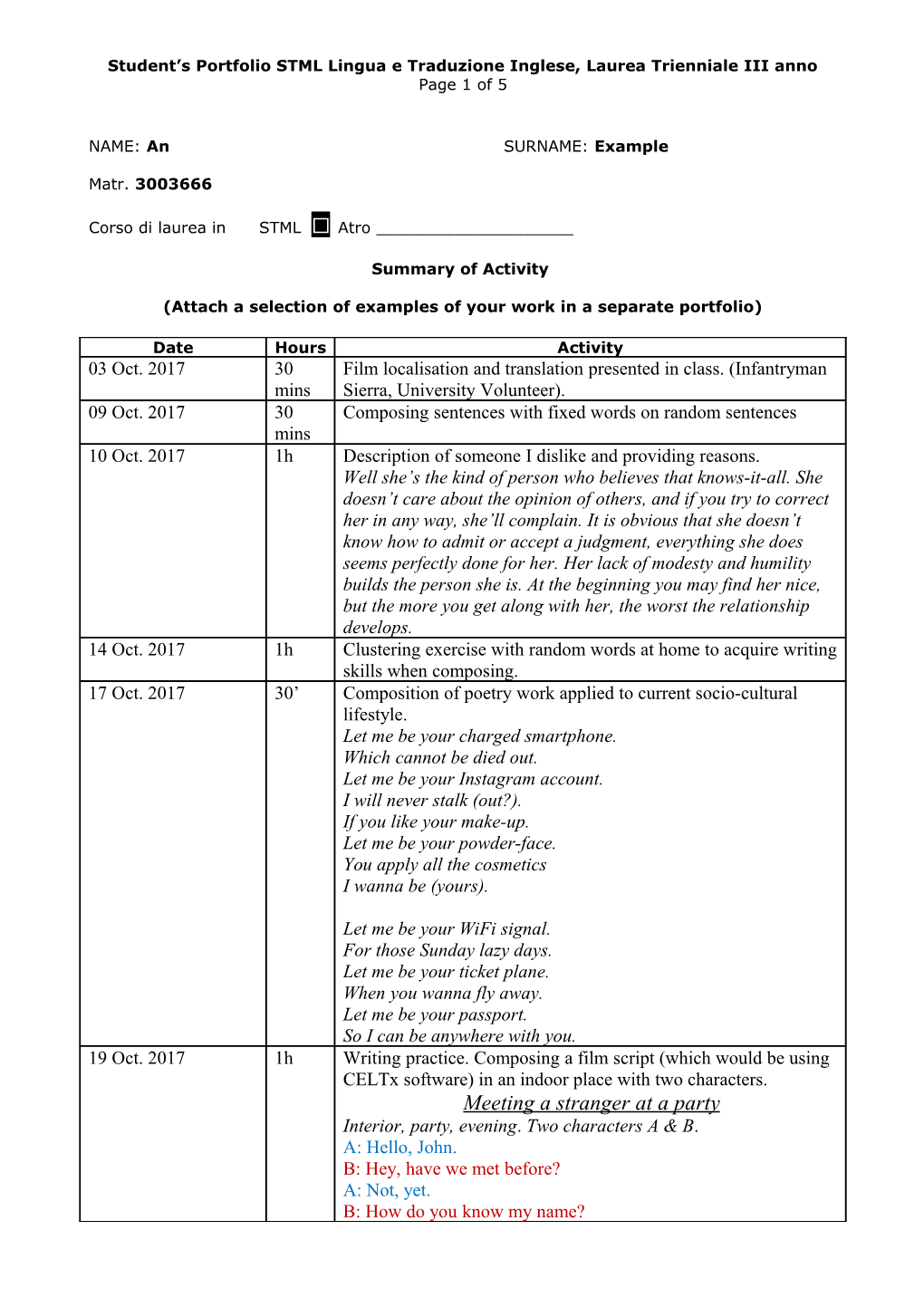 Student S Portfolio STML Lingua E Traduzione Inglese, Laurea Trienniale III Anno Page 1 of 5