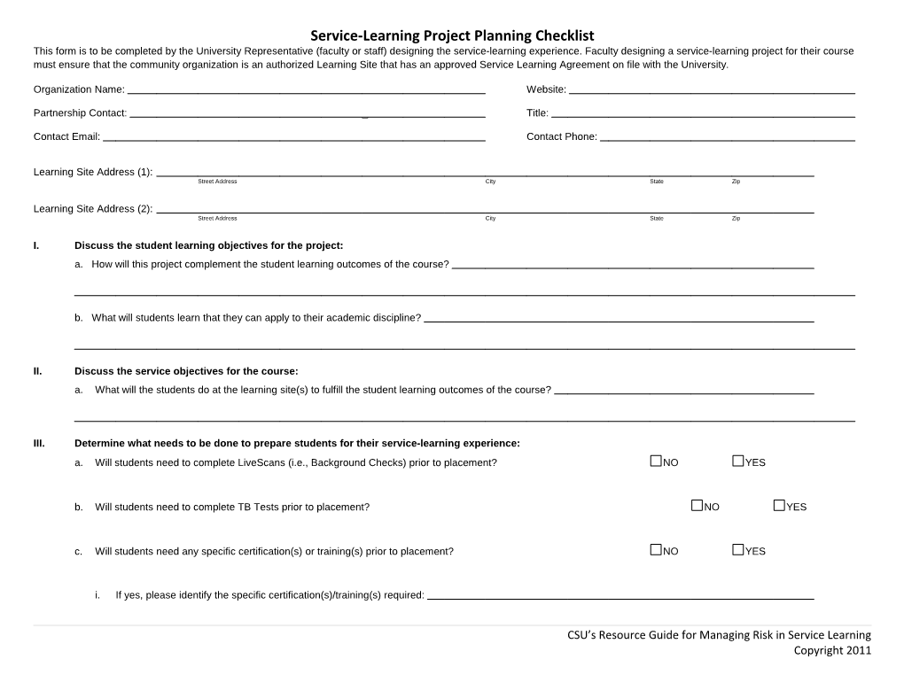 Service-Learning Project Planning Checklist