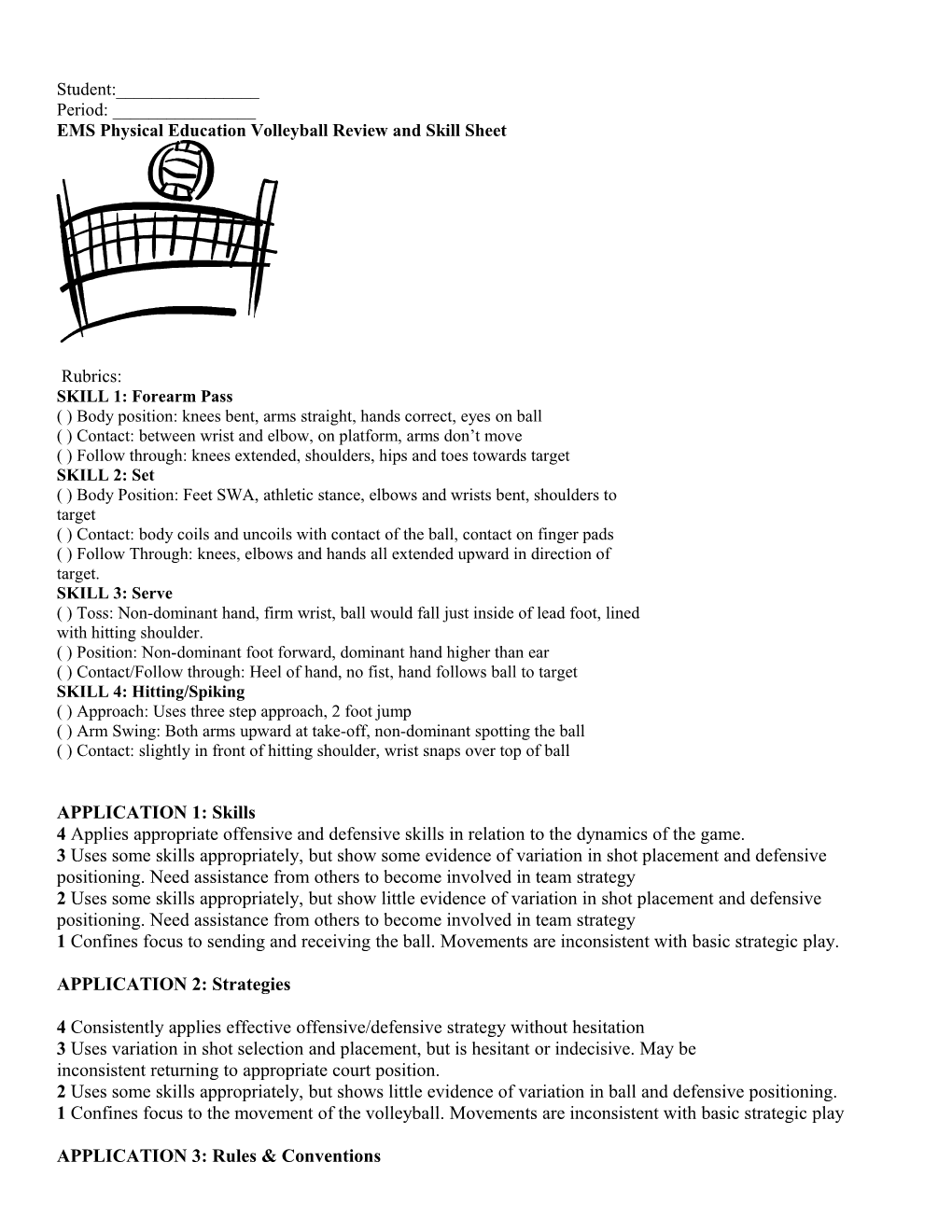 EMS Physical Education Volleyball Review and Skill Sheet