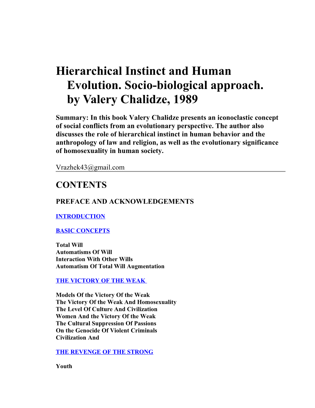 Hierarchical Instinct and Human Evolution. Socio-Biological Approach. by Valery Chalidze, 1989