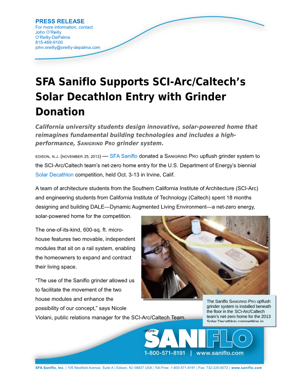 Saniflo SFA Supports SCI-Arc/Caltech S Solar Decathlon Entry Page 1 of 3