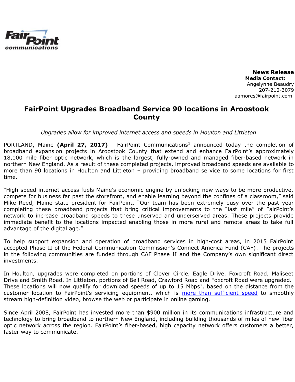 Fairpoint Upgrades Broadband Service 90 Locations in Aroostook County