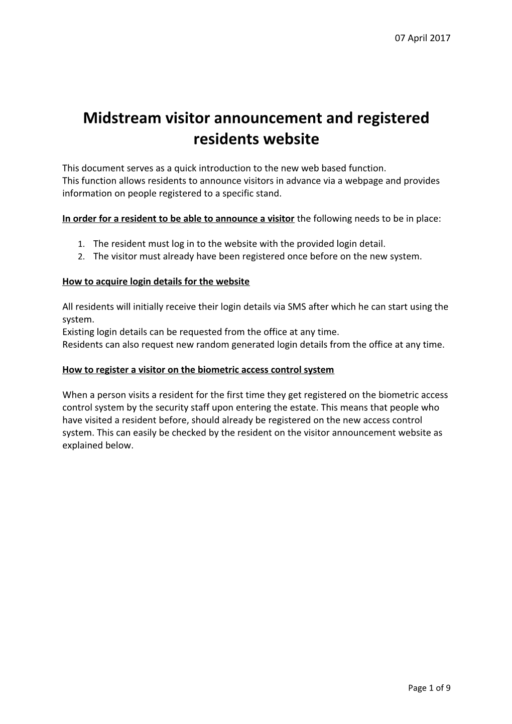 Midstream Visitor Announcement and Registered Residentswebsite