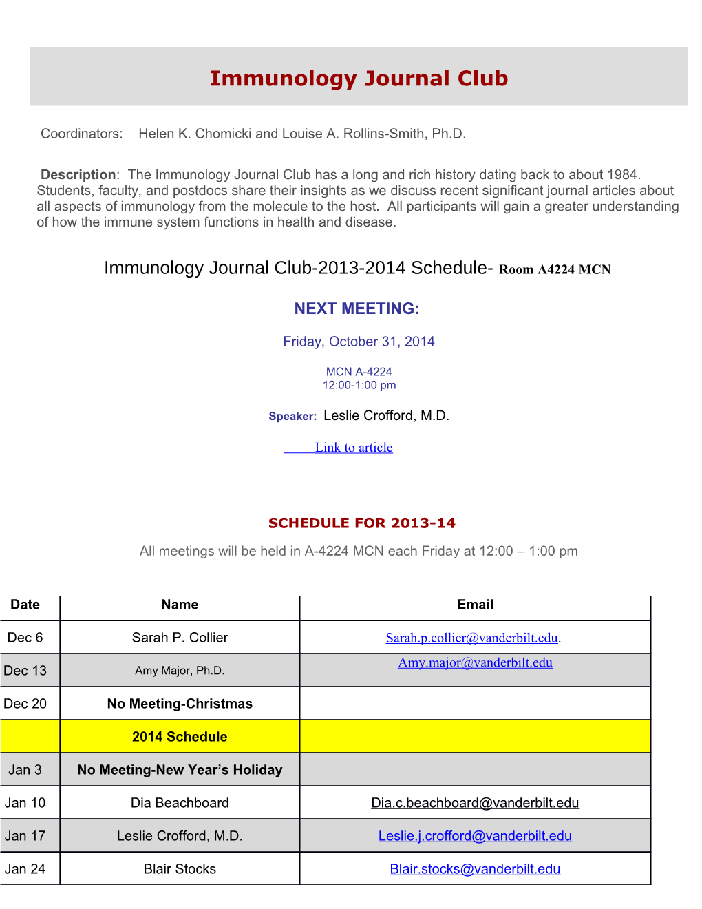 Immunology Journal Club-2013-2014 Schedule- Room A4224 MCN