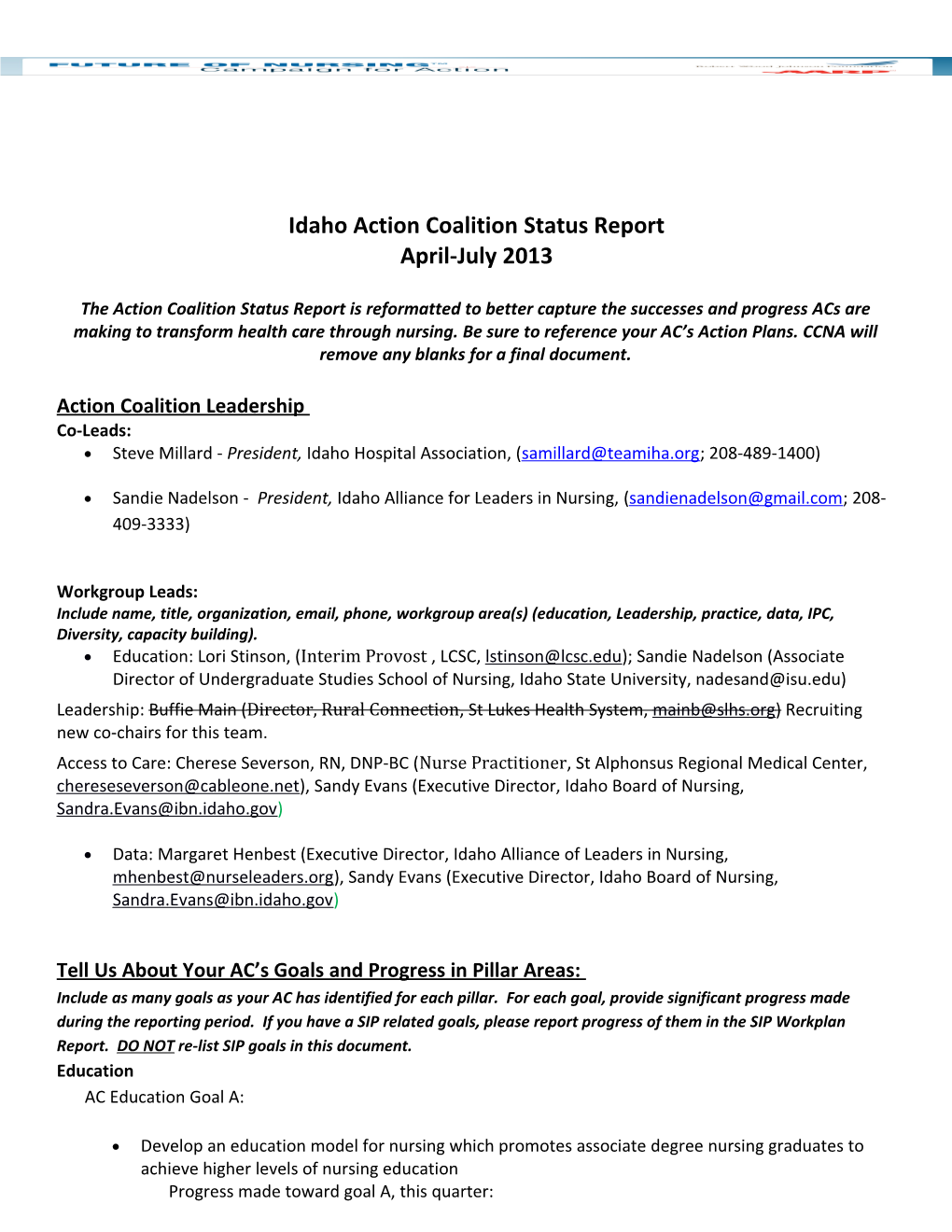Idahoaction Coalition Status Report