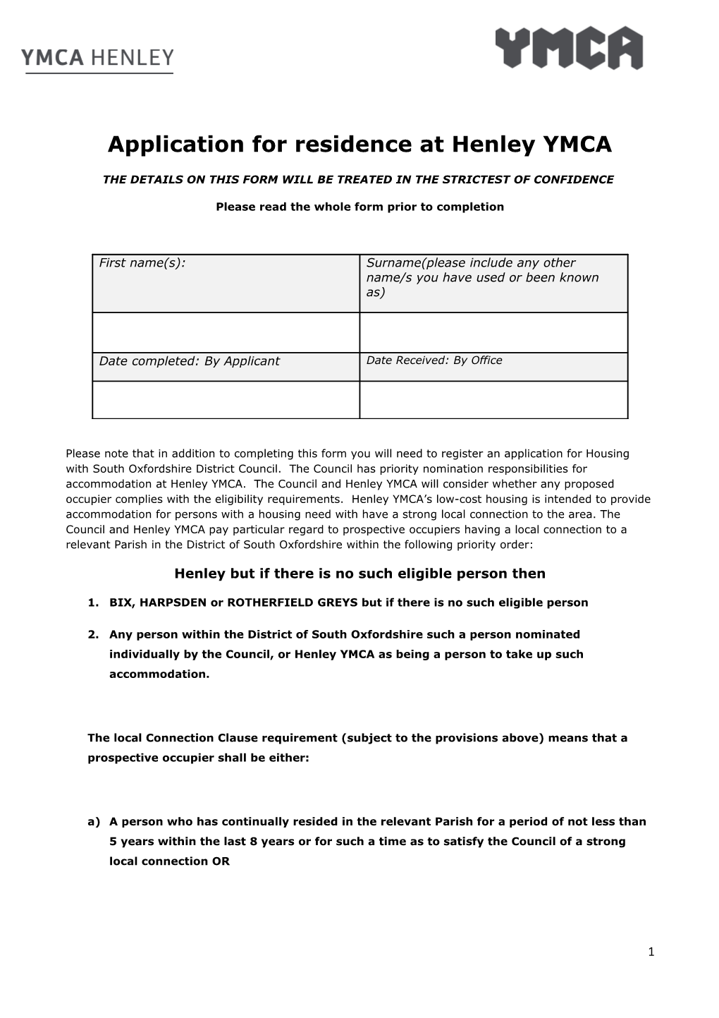 Application for Residence at Henley YMCA