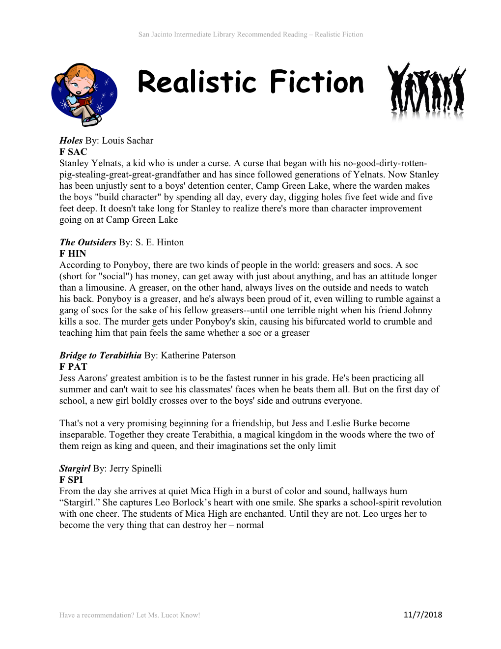 San Jacinto Intermediate Library Recommended Reading Realistic Fiction