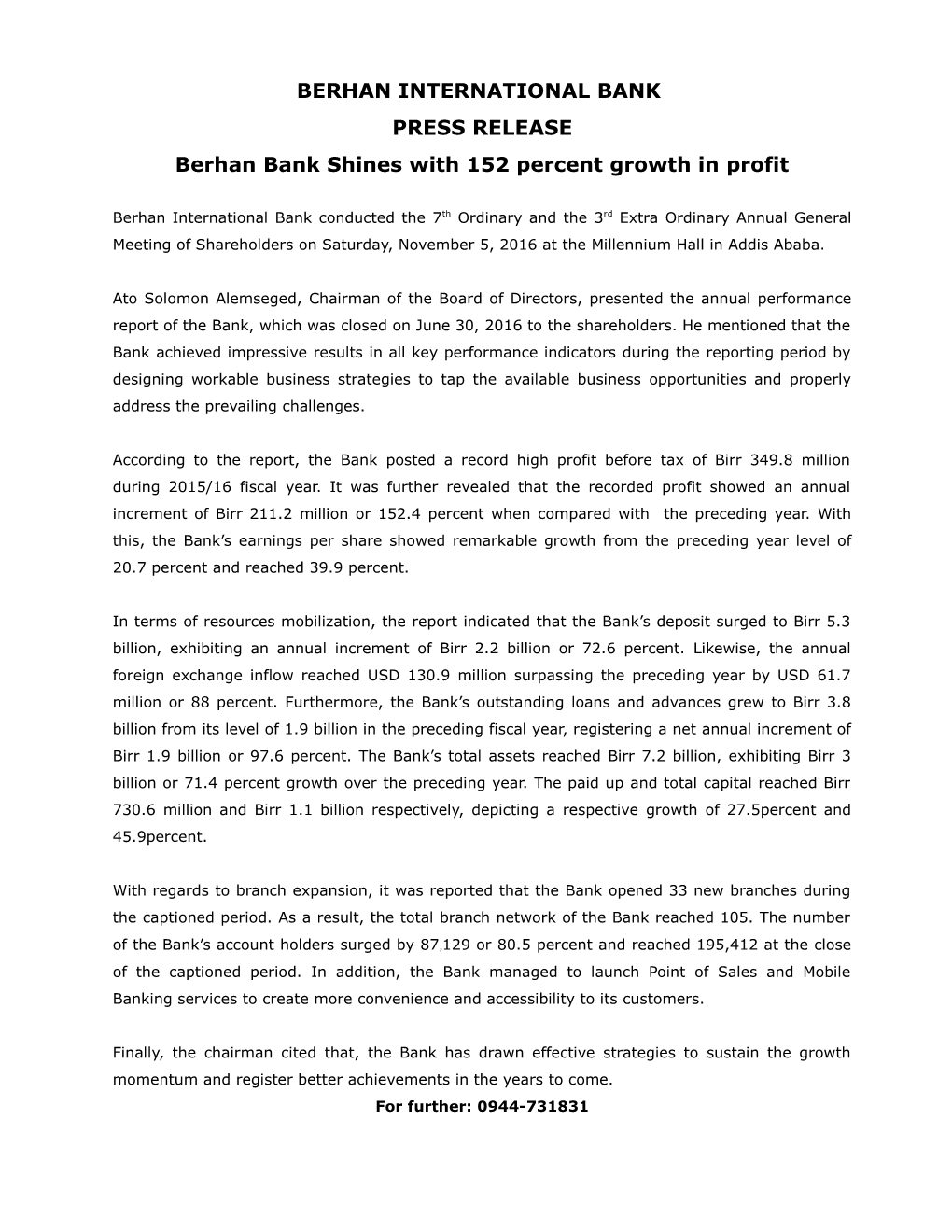 Berhan Bank Shines with 152 Percent Growth in Profit