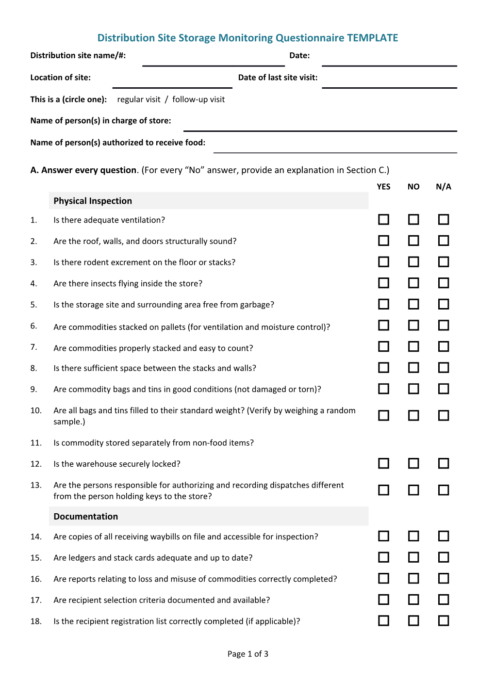 Distribution Site Storage Monitoring Questionnaire TEMPLATE