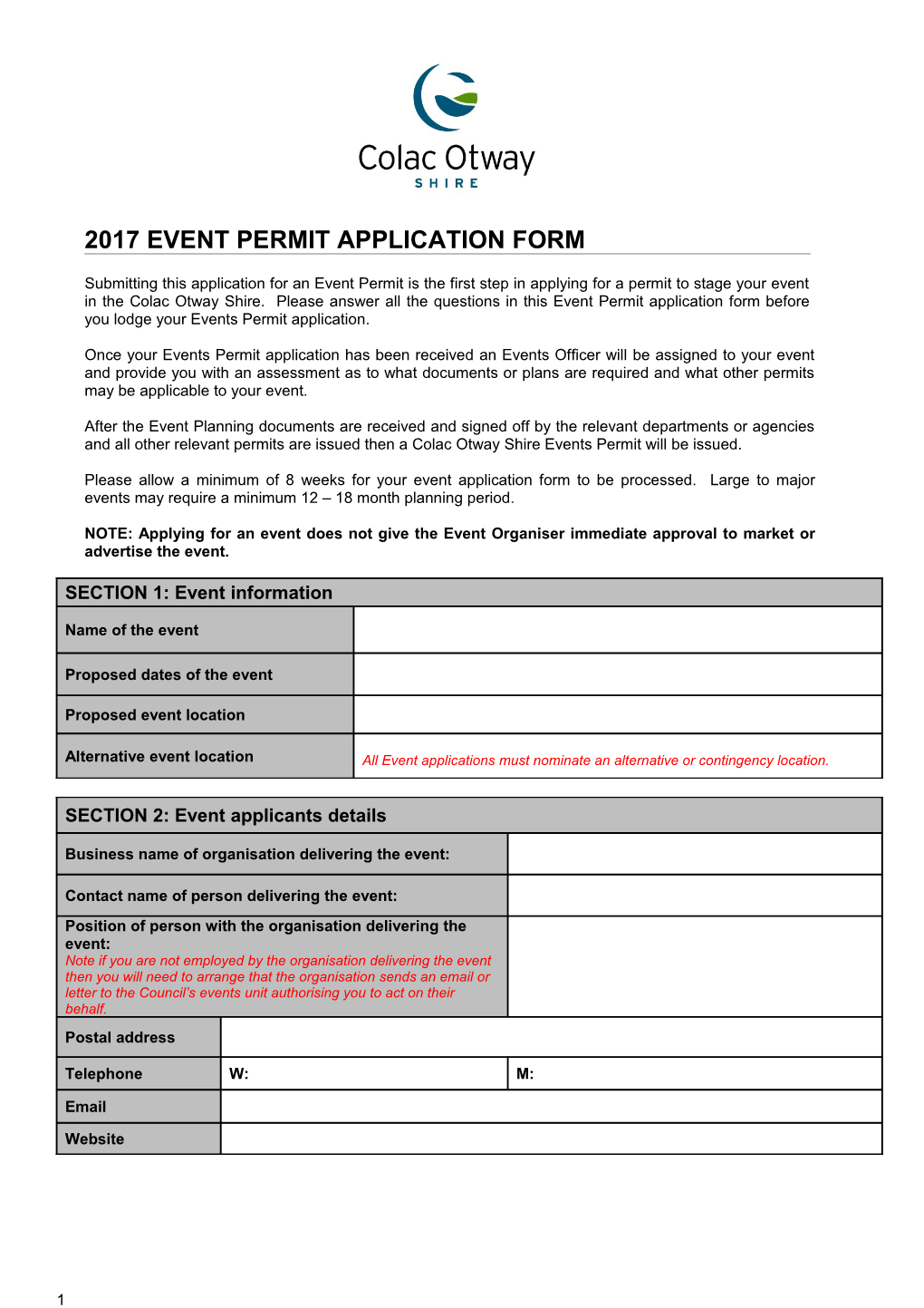 2017 Event Permit Application Form
