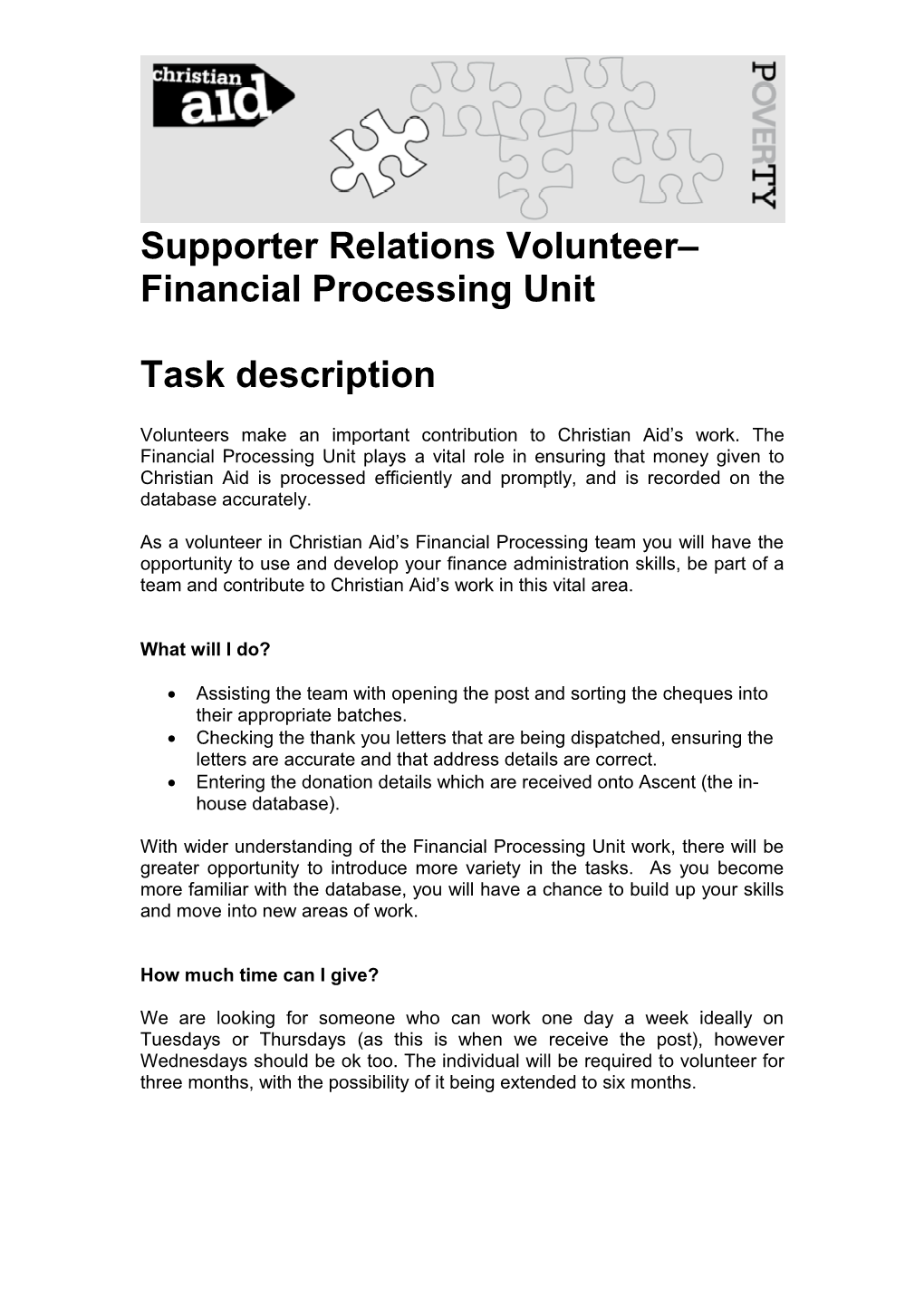 Supporter Relations Volunteer Financial Processing Unit