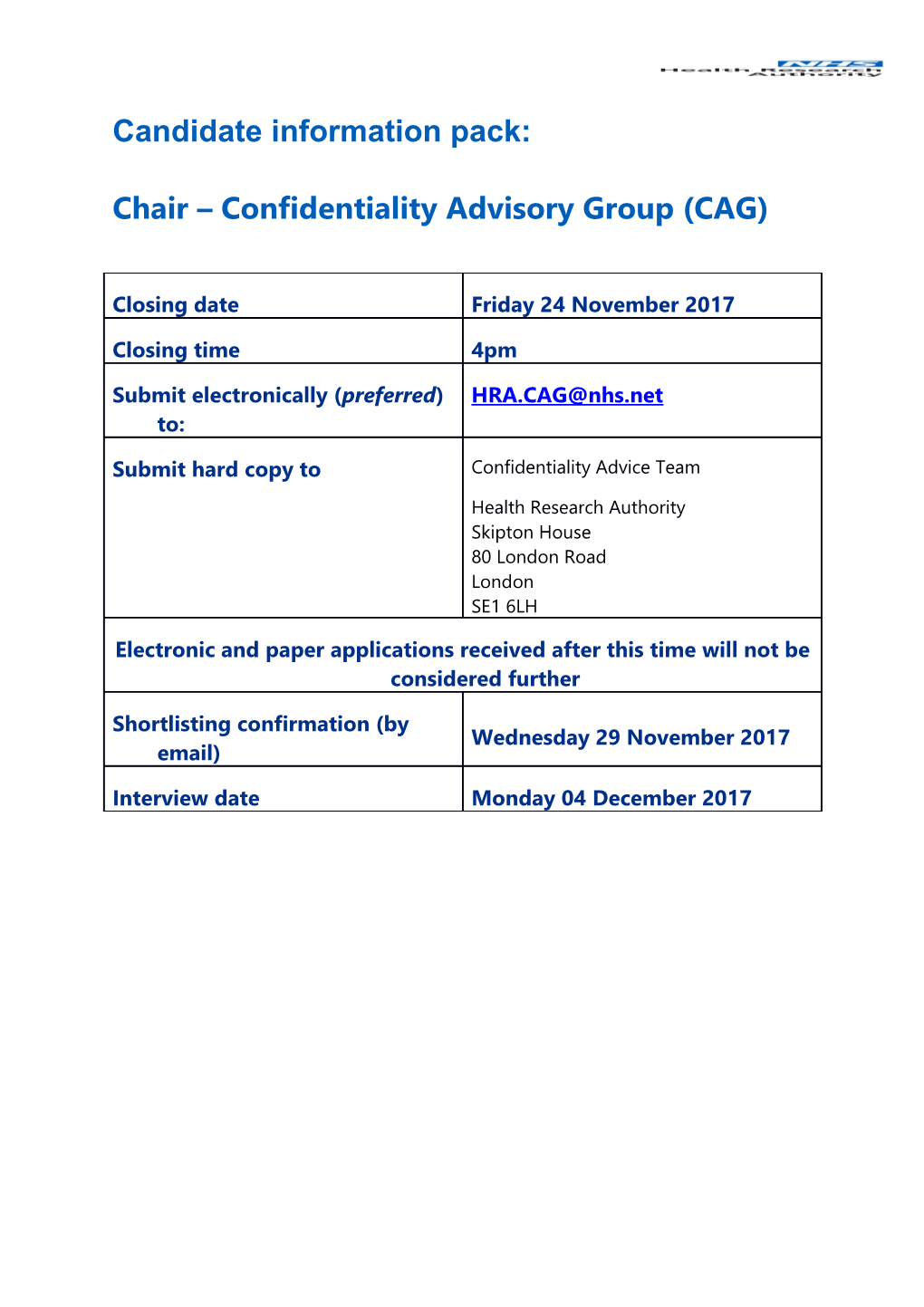 Chair Confidentiality Advisory Group (CAG)