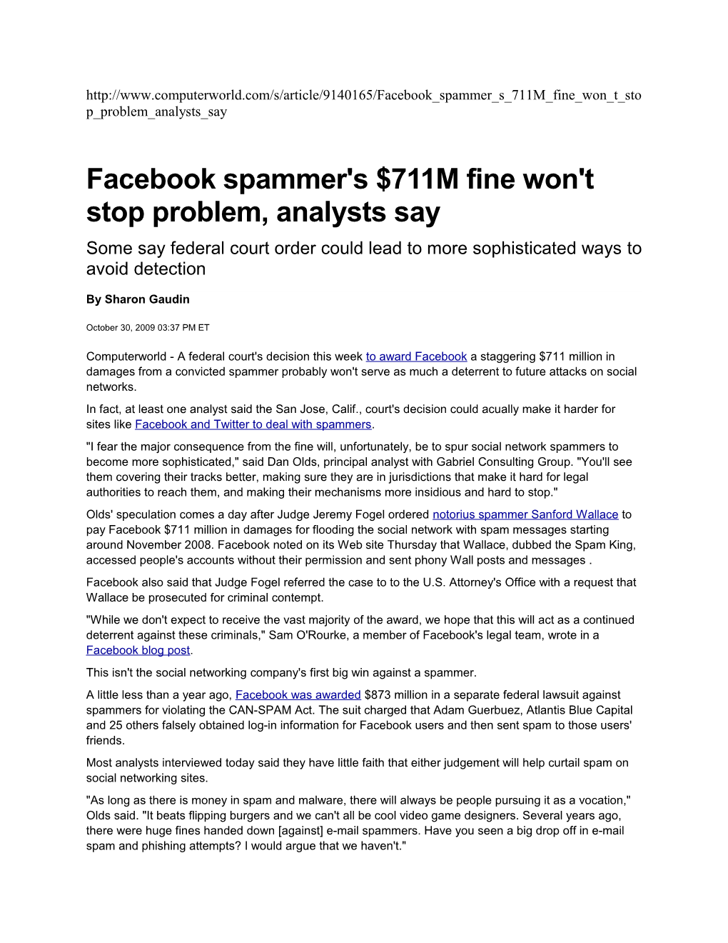 Facebook Spammer's $711M Fine Won't Stop Problem, Analysts Say (Computerworld)