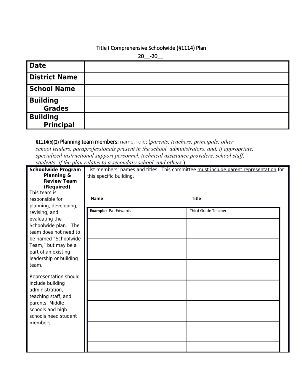 Title I Comprehensive Schoolwide ( 1114) Plan