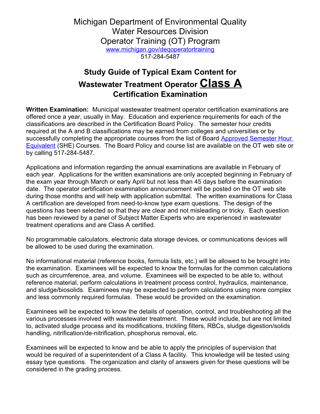 Study Guide of Typical Exam Content for Wastewater Treatment Operator Class a Certification