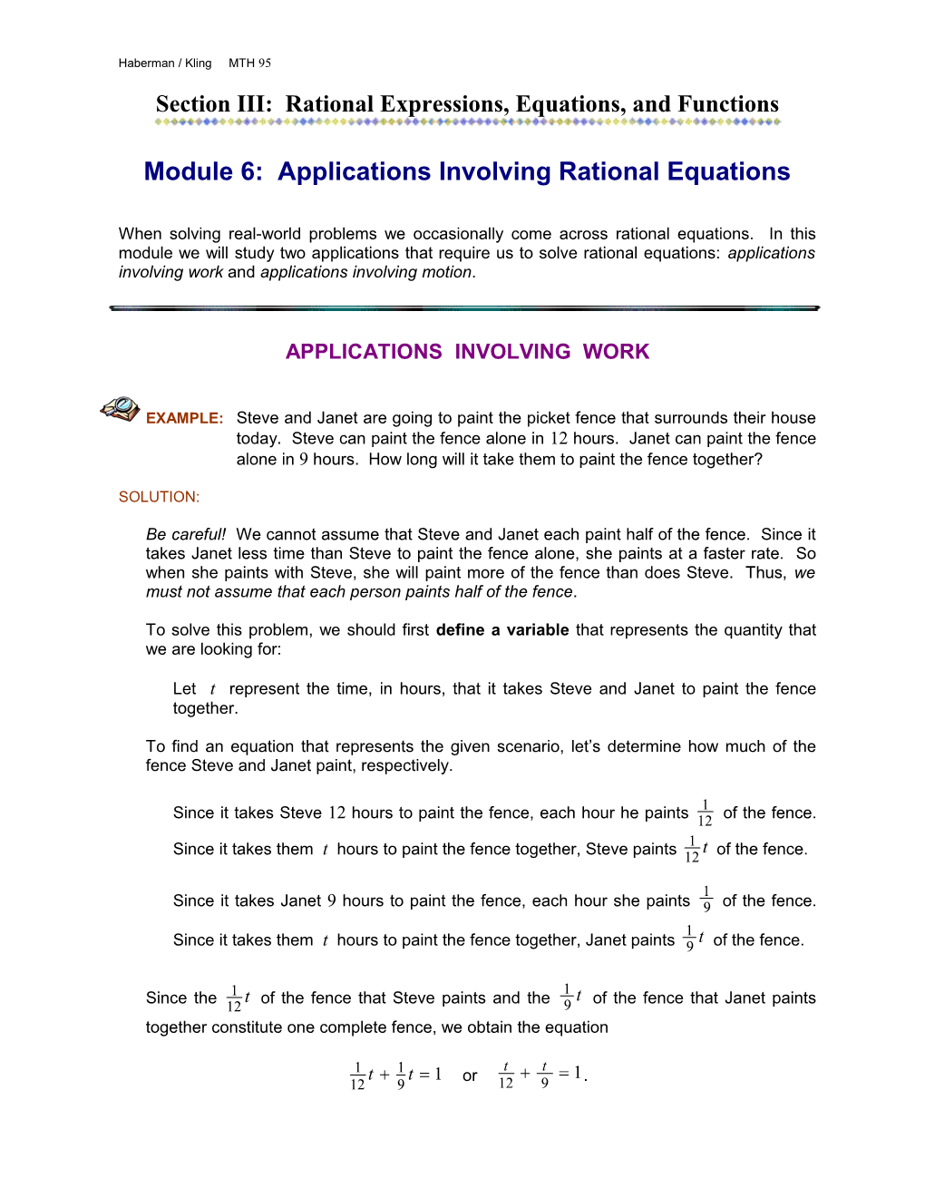Module 6: Applications Involving Rational Equations