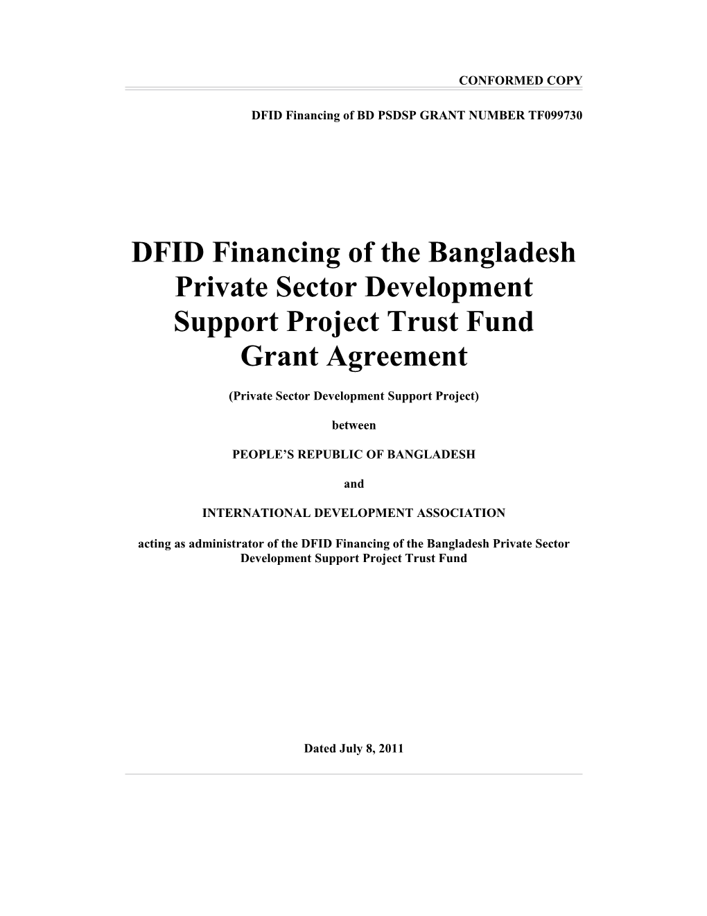 DFID Financing of BD PSDSP GRANT NUMBER TF099730