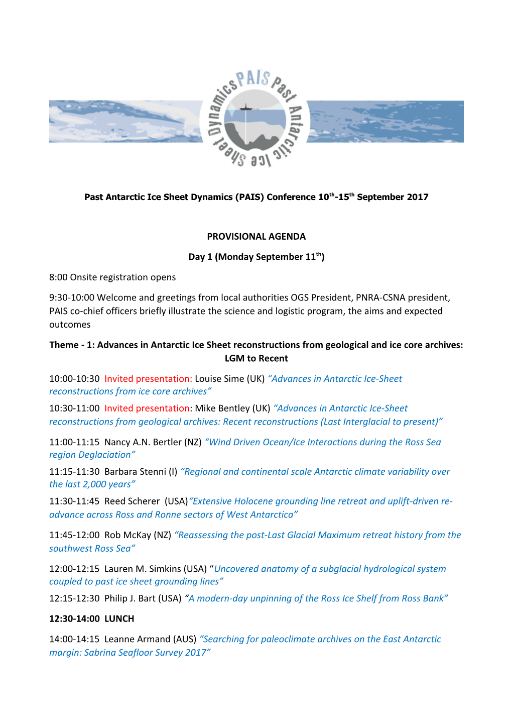 Past Antarctic Ice Sheet Dynamics (PAIS) Conference 10Th-15Th September 2017