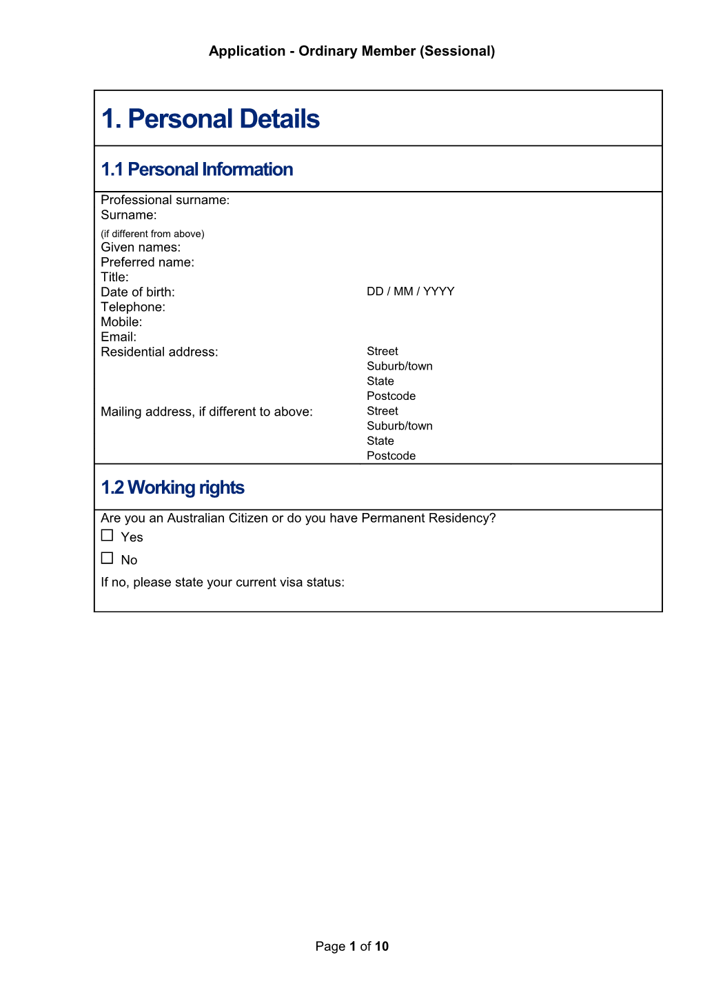 Application - Ordinary Member (Sessional)