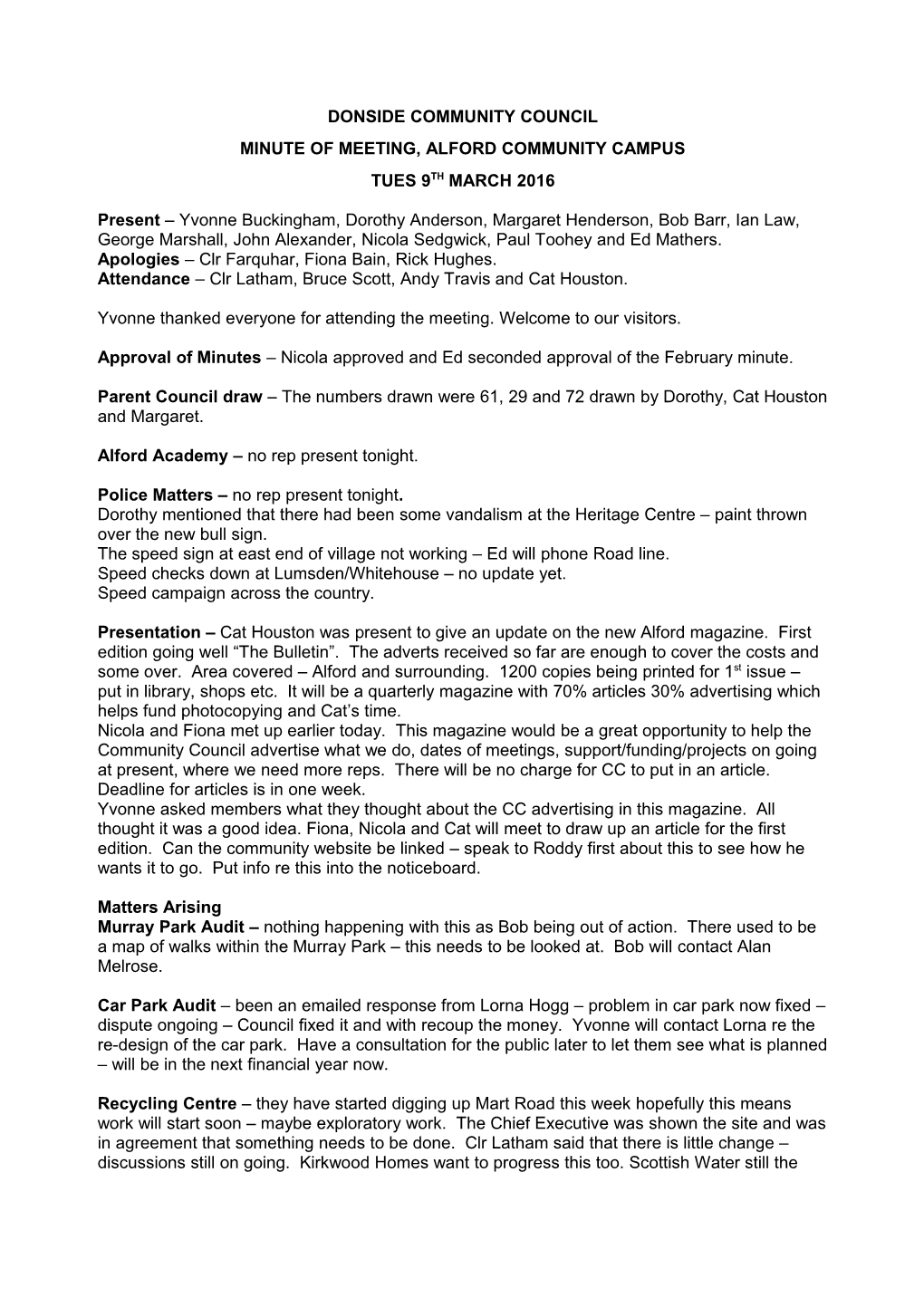 Minute of Meeting, Alford Community Campus