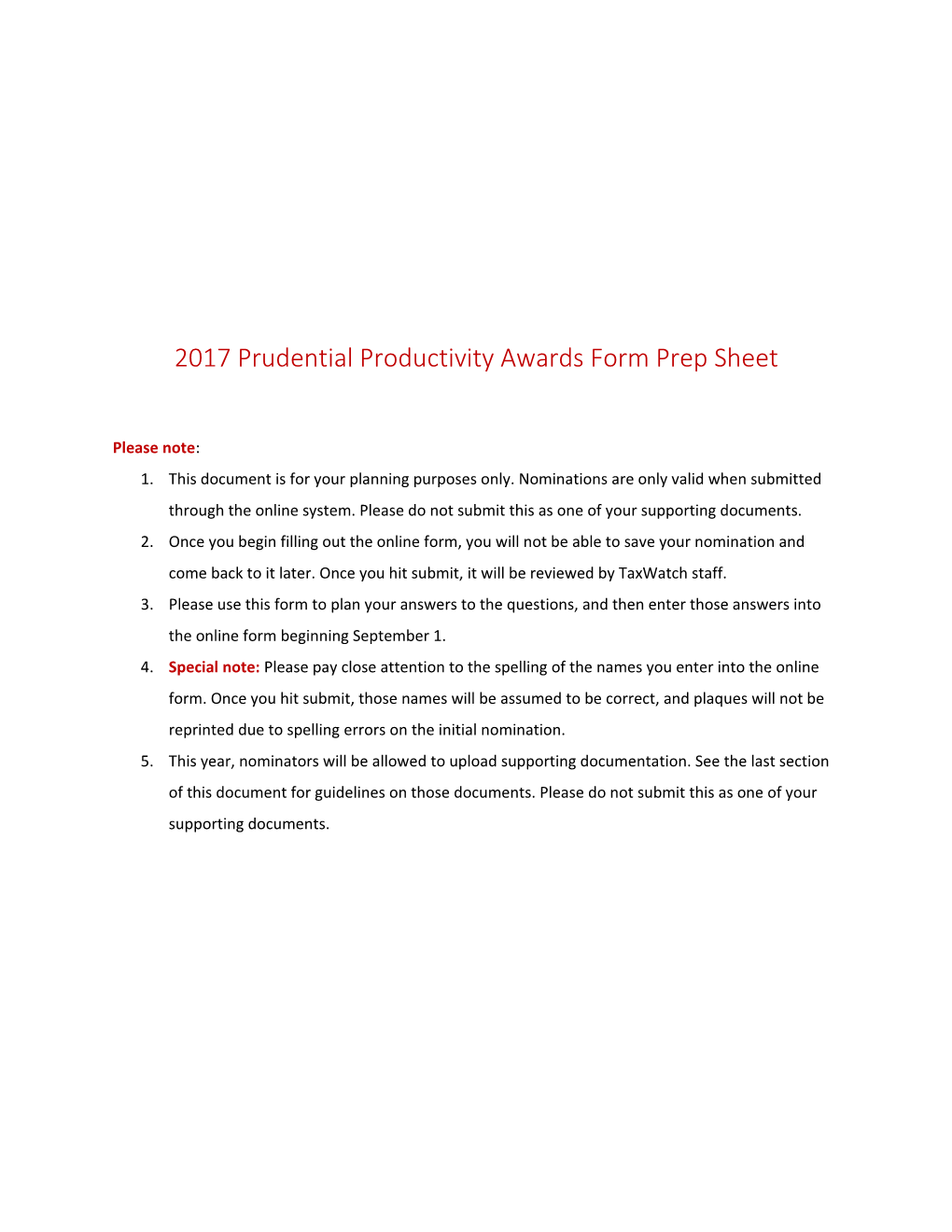 2017 Prudential Productivity Awards Form Prep Sheet