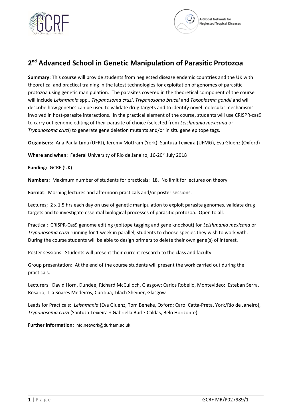 2Ndadvanced School in Genetic Manipulation of Parasitic Protozoa