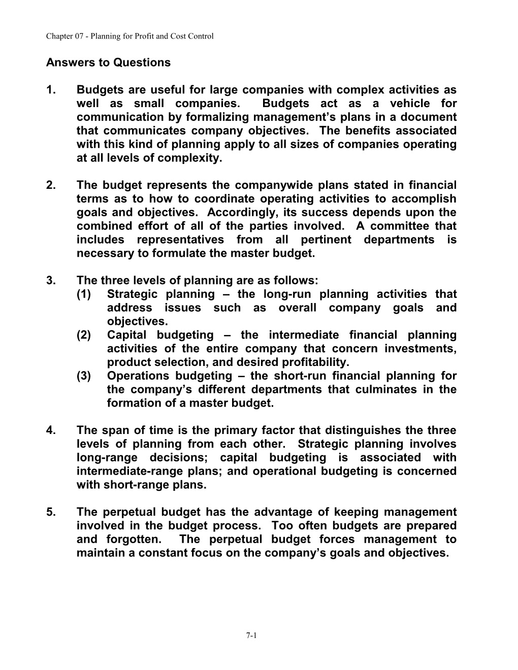 Chapter 07 - Planning for Profit and Cost Control