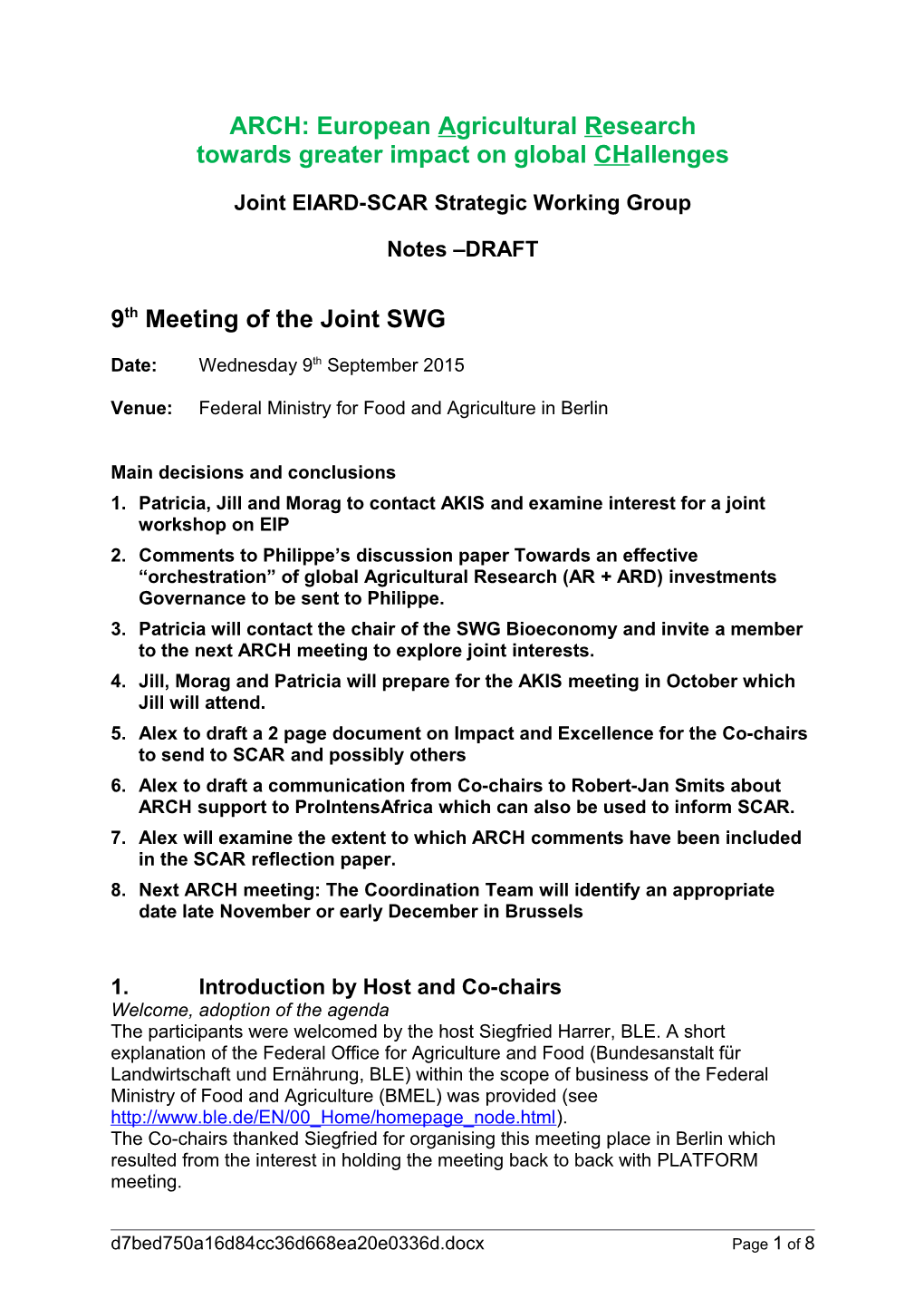 Joint EIARD-SCAR Strategic Working Group