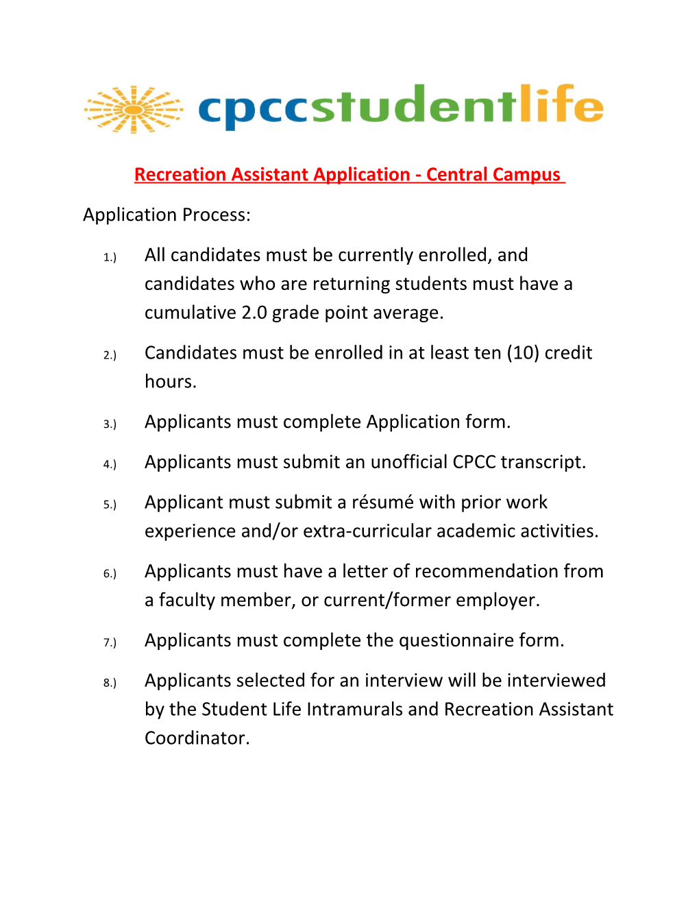 Recreation Assistant Application- Central Campus