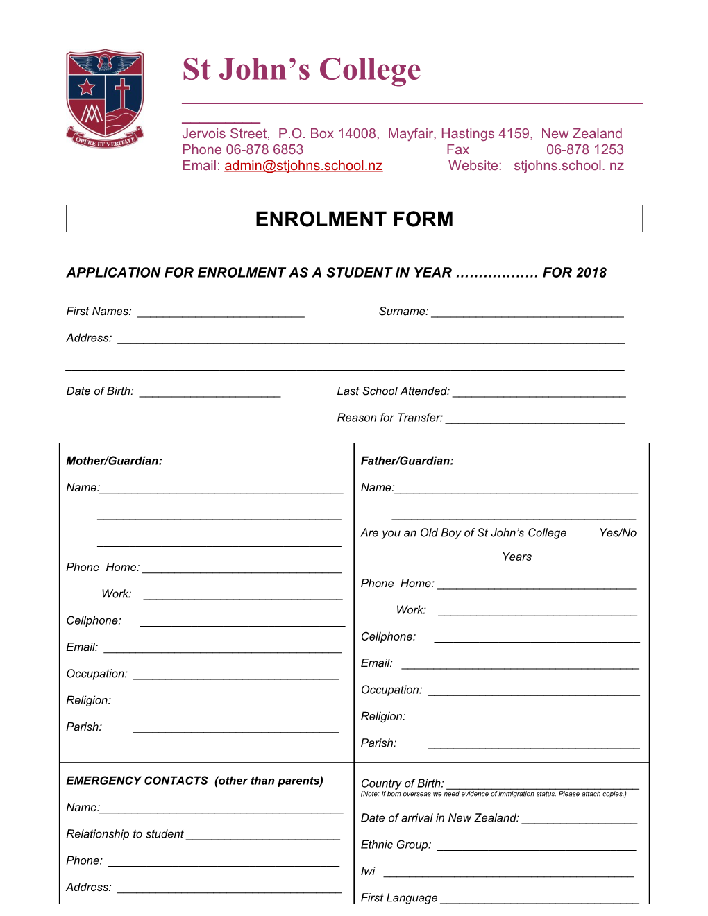 Application for Enrolment As a Student in Year for 2018
