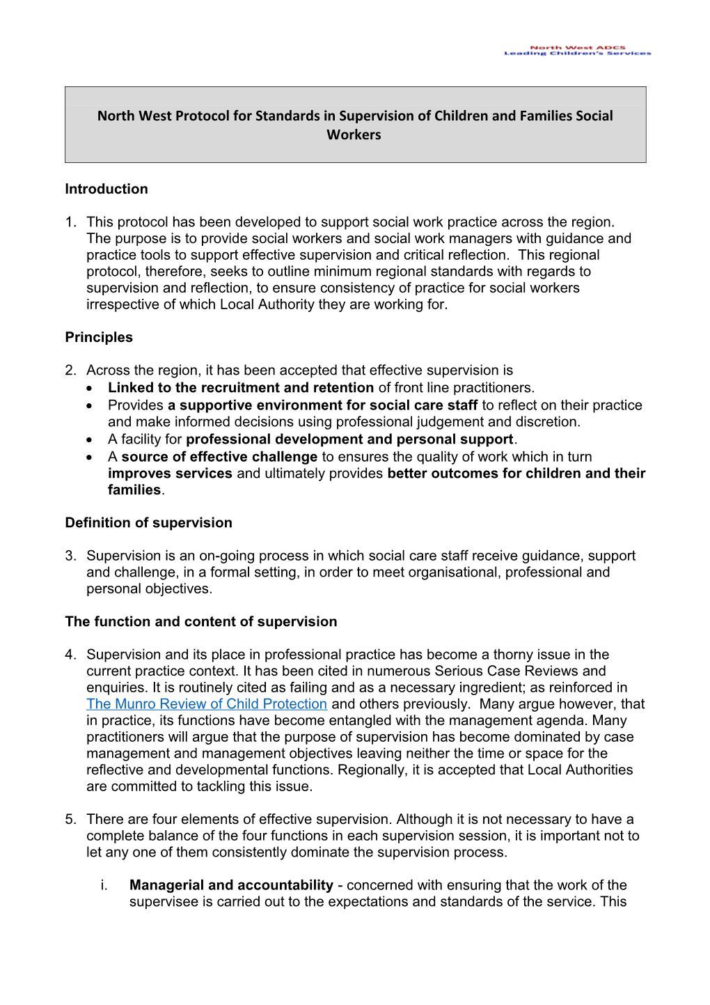 North West Protocol for Standards in Supervision of Children and Families Social Workers