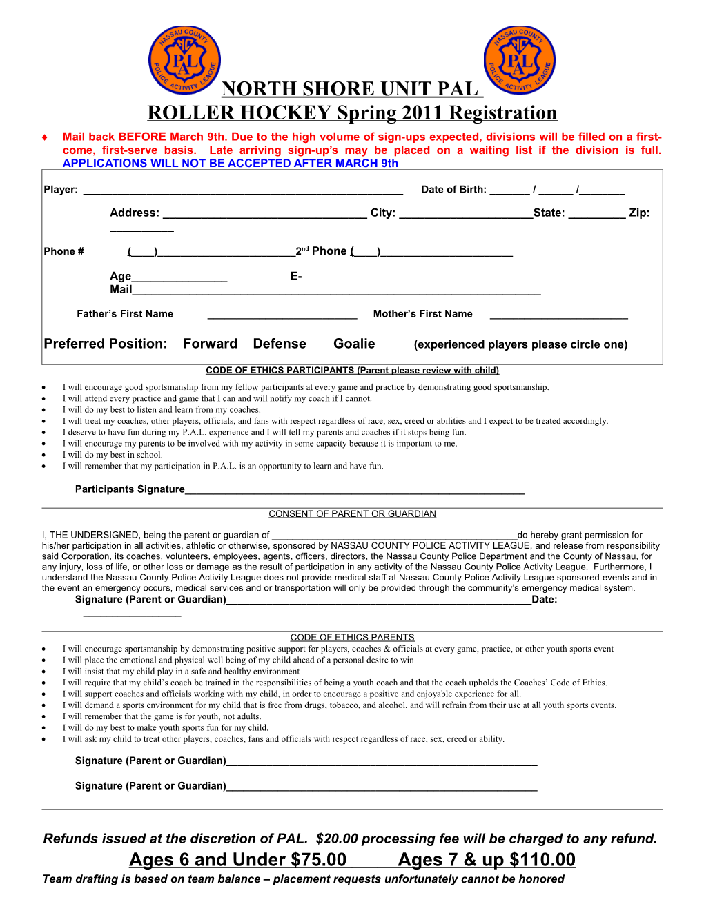 Glen Head PAL Roller Hockey Assesment Sheet