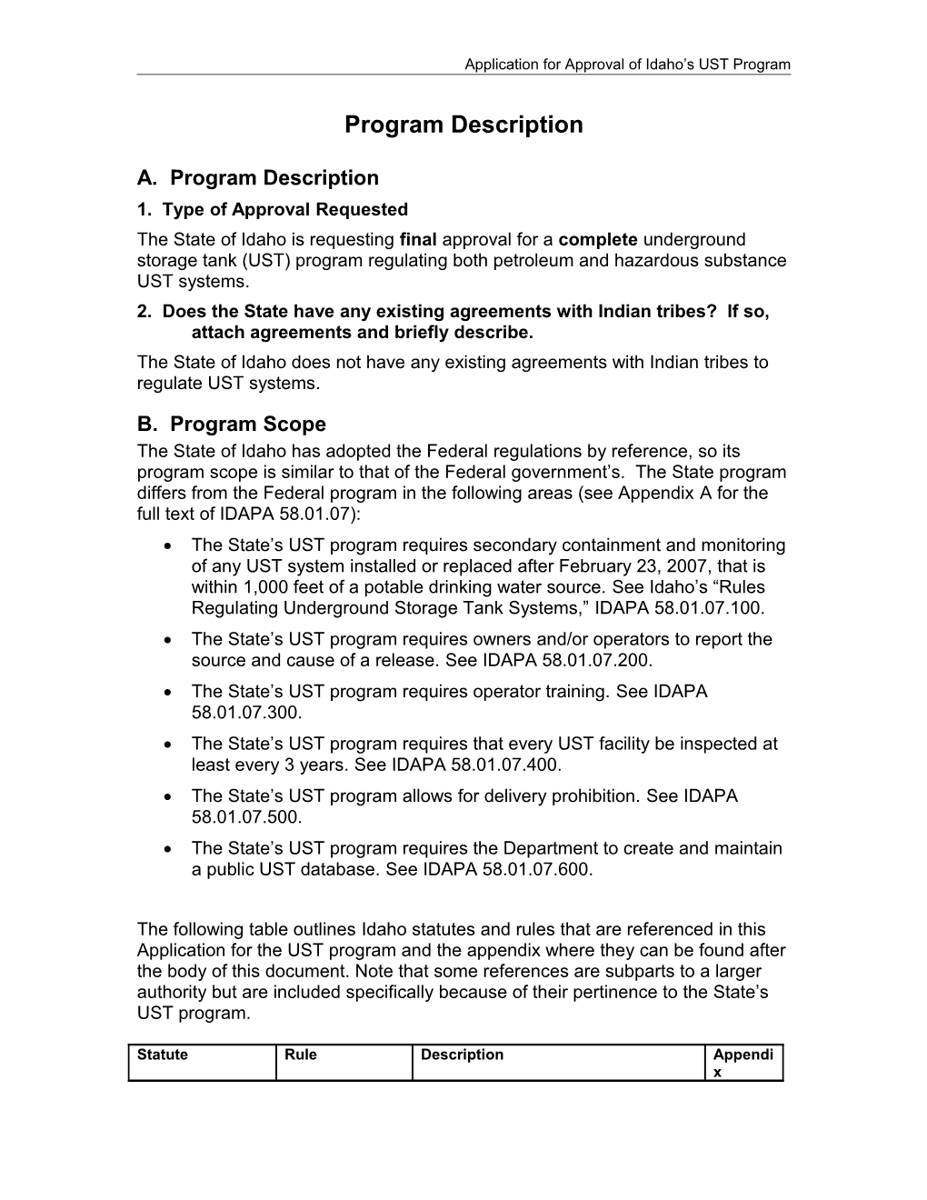 Application for Approval of Idaho S UST Program