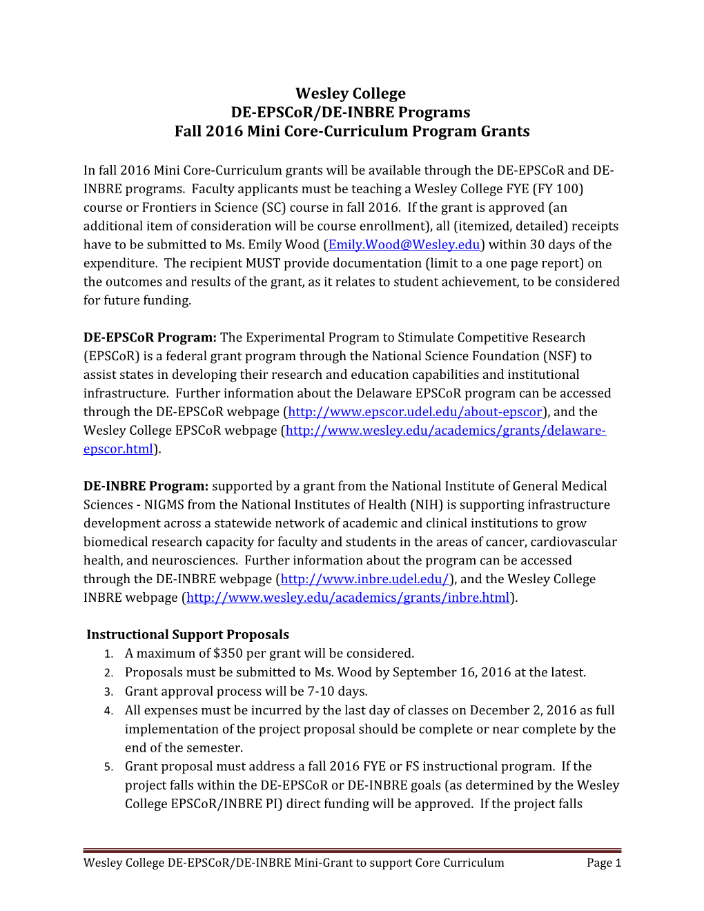 Fall 2016Mini Core-Curriculum Program Grants