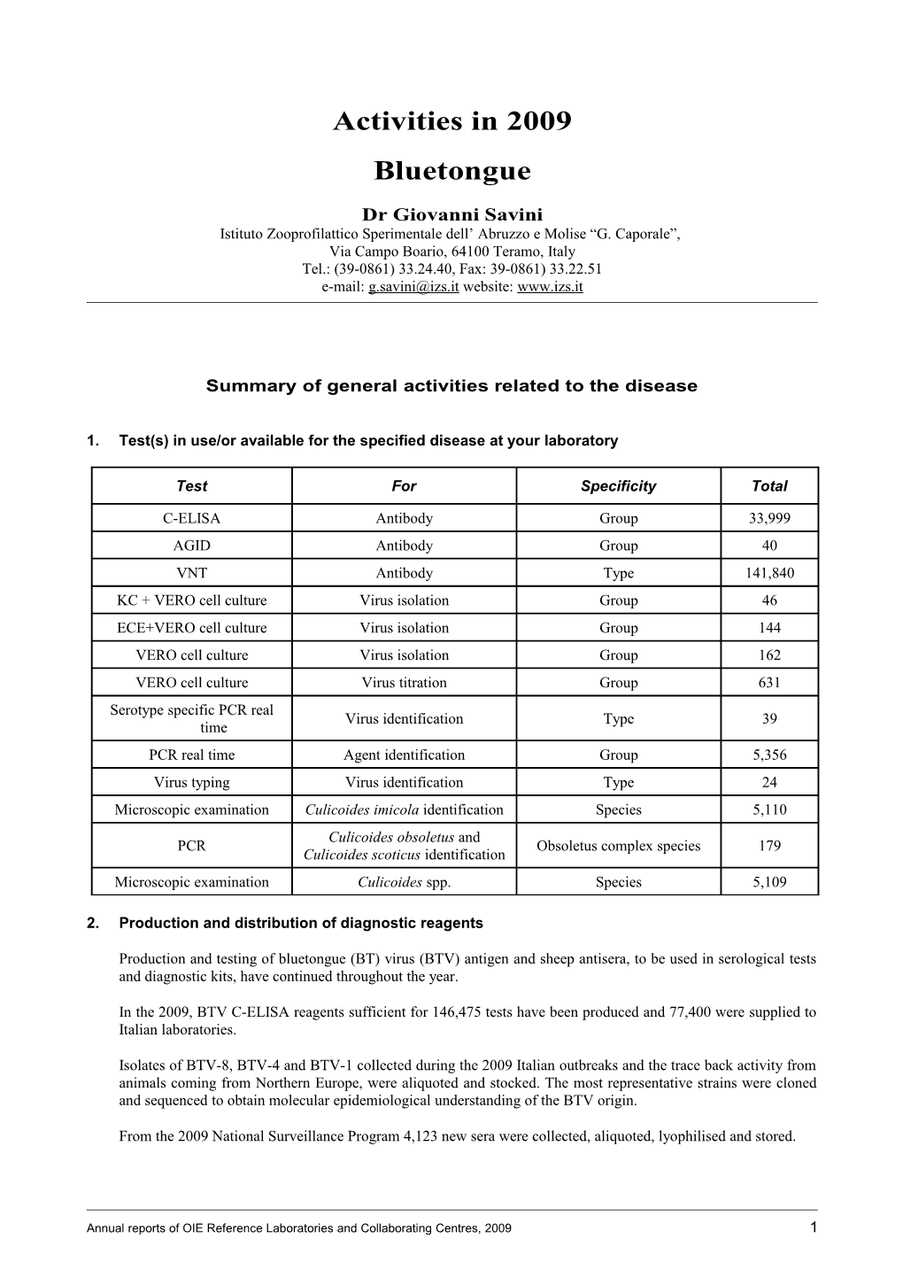 Summary of General Activities Related to the Disease