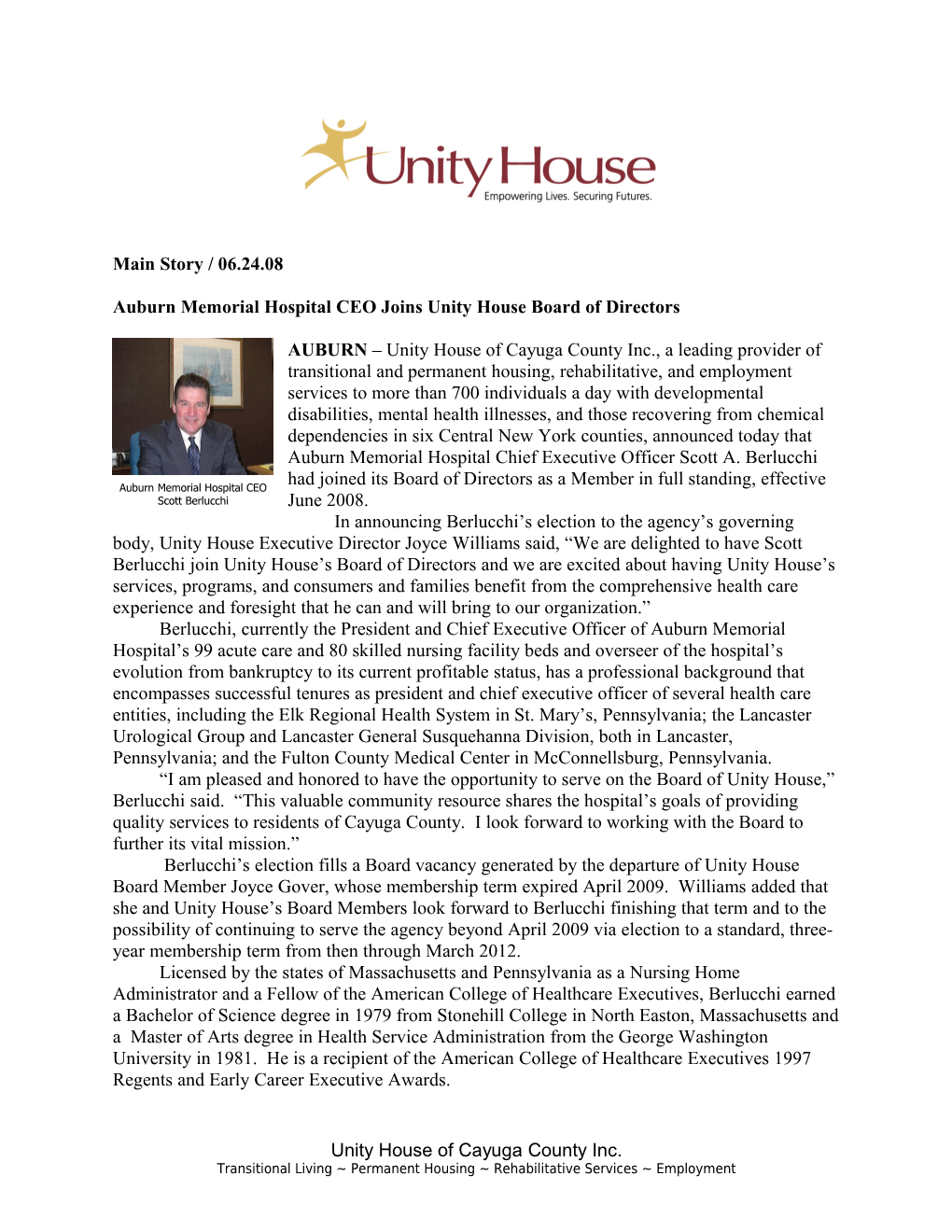 Auburnmemorialhospital CEO Joins Unity House Board of Directors