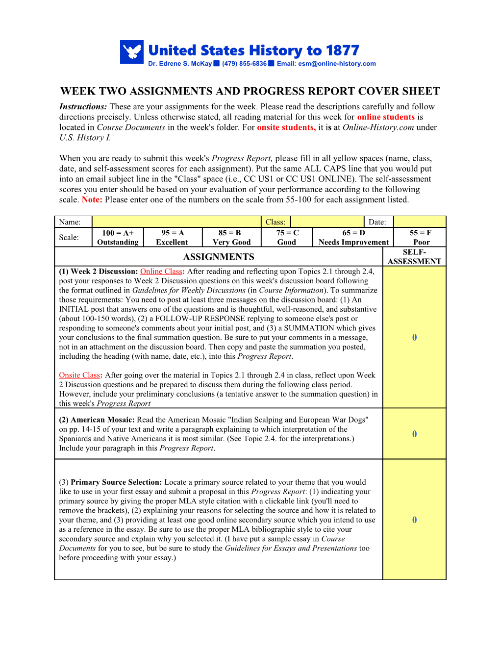 Week Two Assignments and Progress Report Cover Sheet