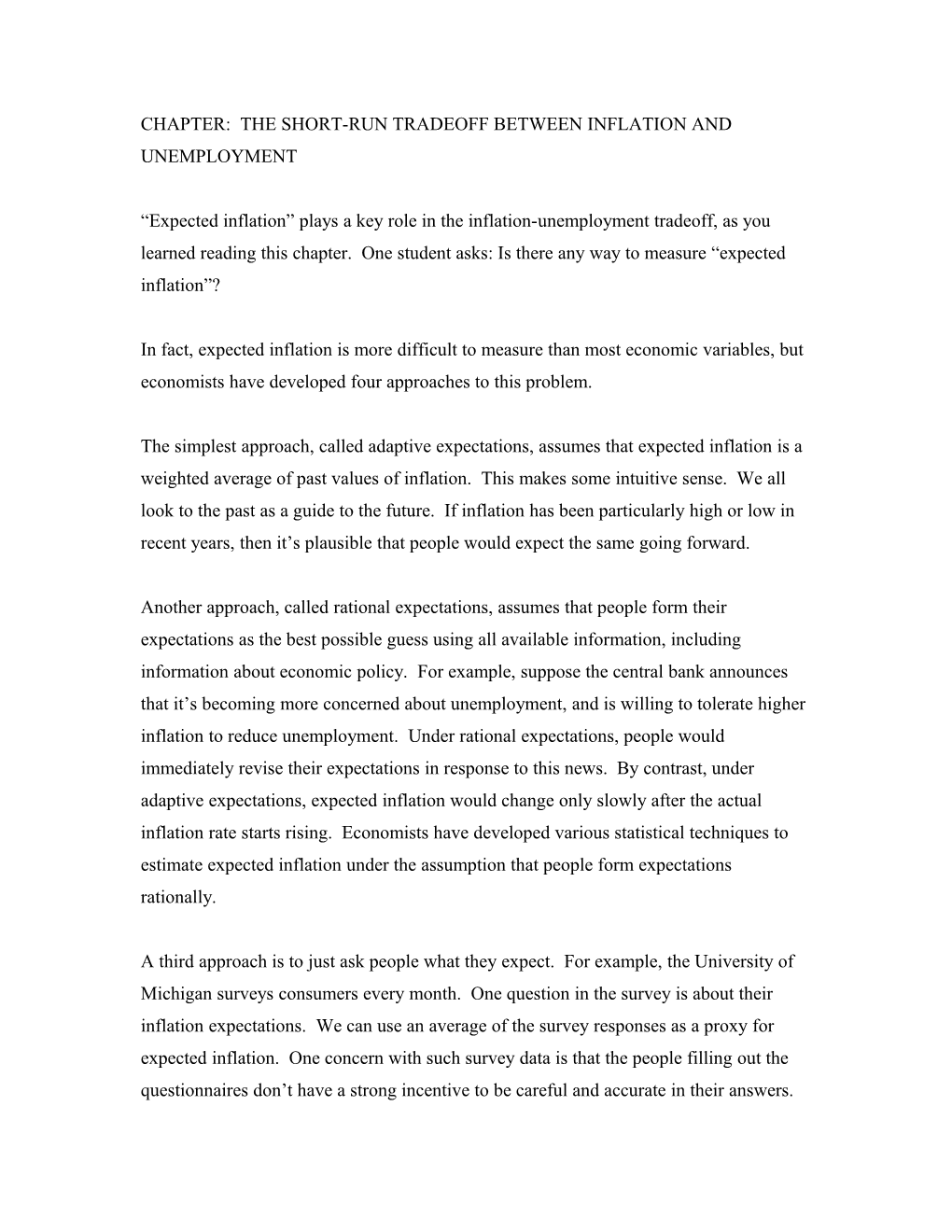 Chapter: the Short-Run Tradeoff Between Inflation and Unemployment