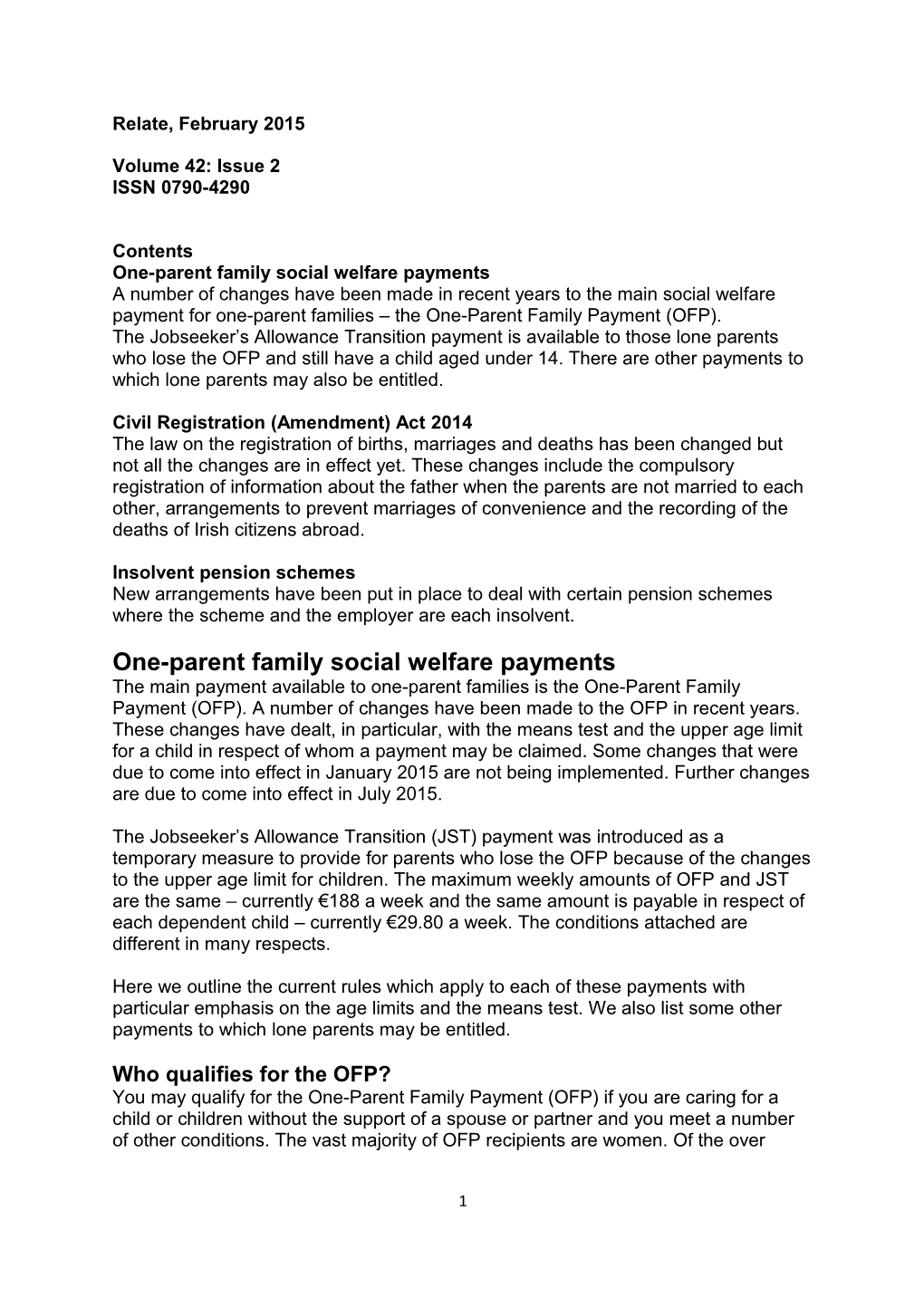 One-Parent Family Social Welfare Payments