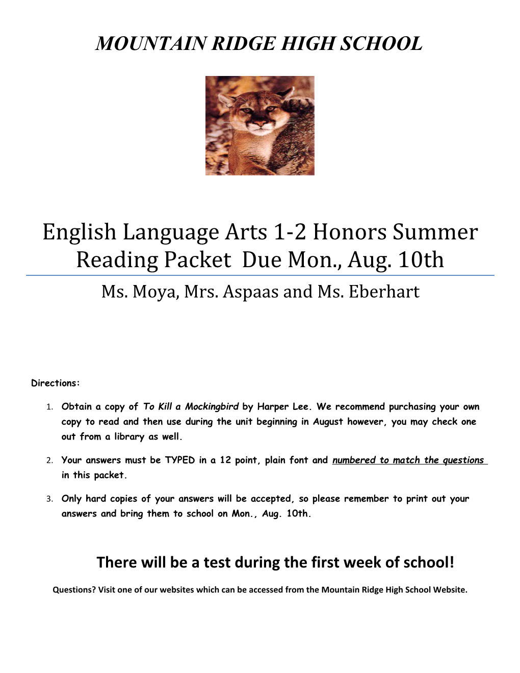 English Language Arts 1-2 Honors Summer Reading Packet Due Mon., Aug. 10Th