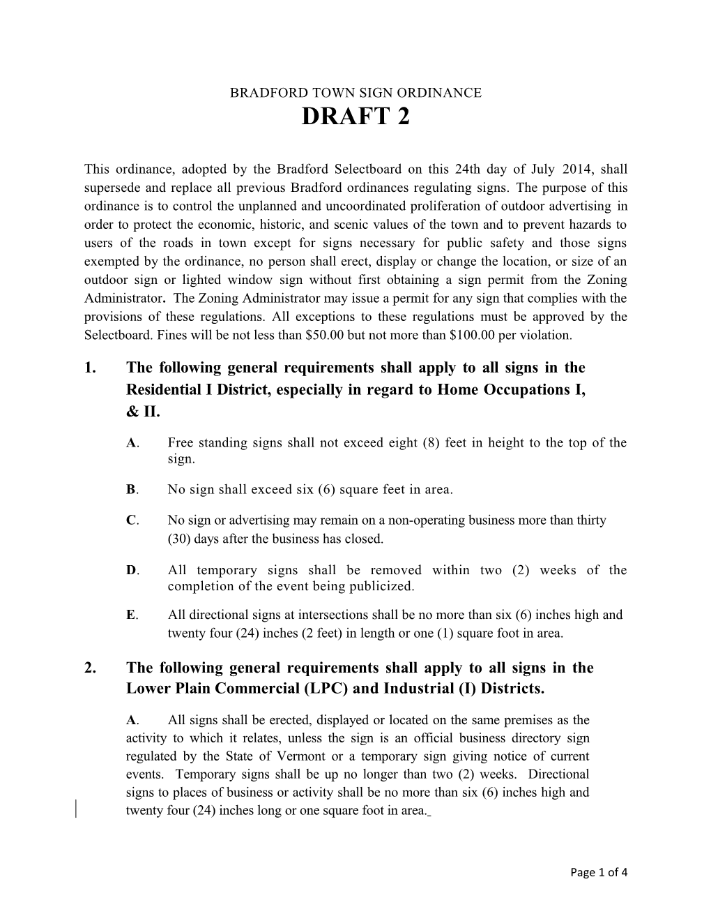 Bradford Town Sign Ordinance