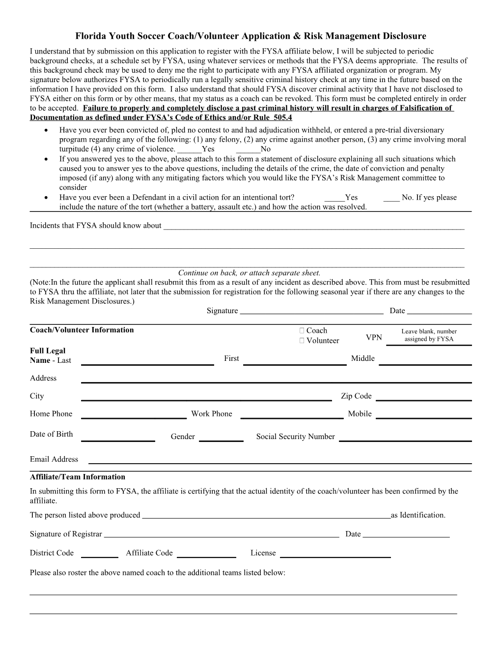 Florida Youth Soccer Coach/Volunteer Application & Risk Management Disclosure