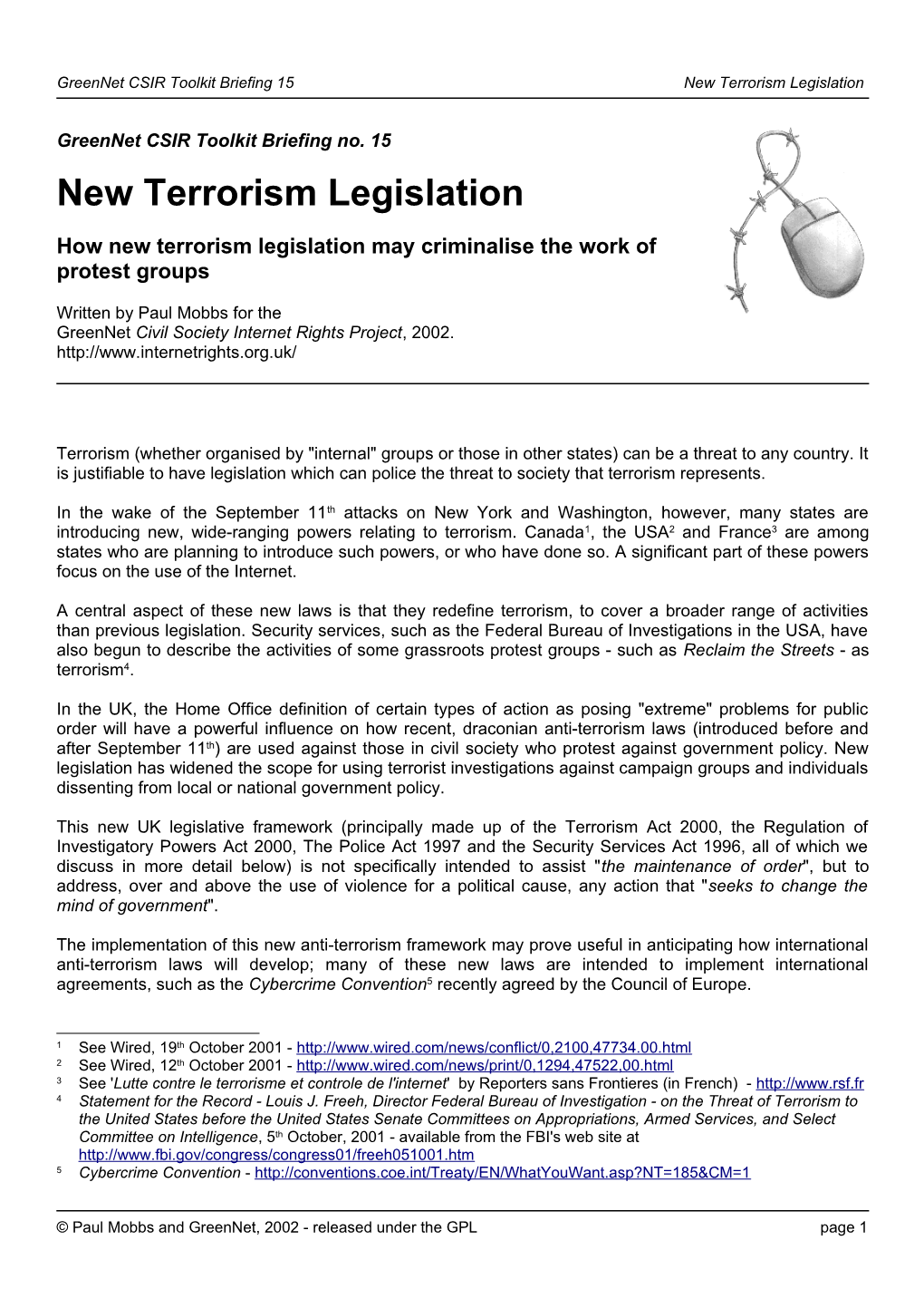 Greennet CSIR Toolkit Briefing 15New Terrorism Legislation