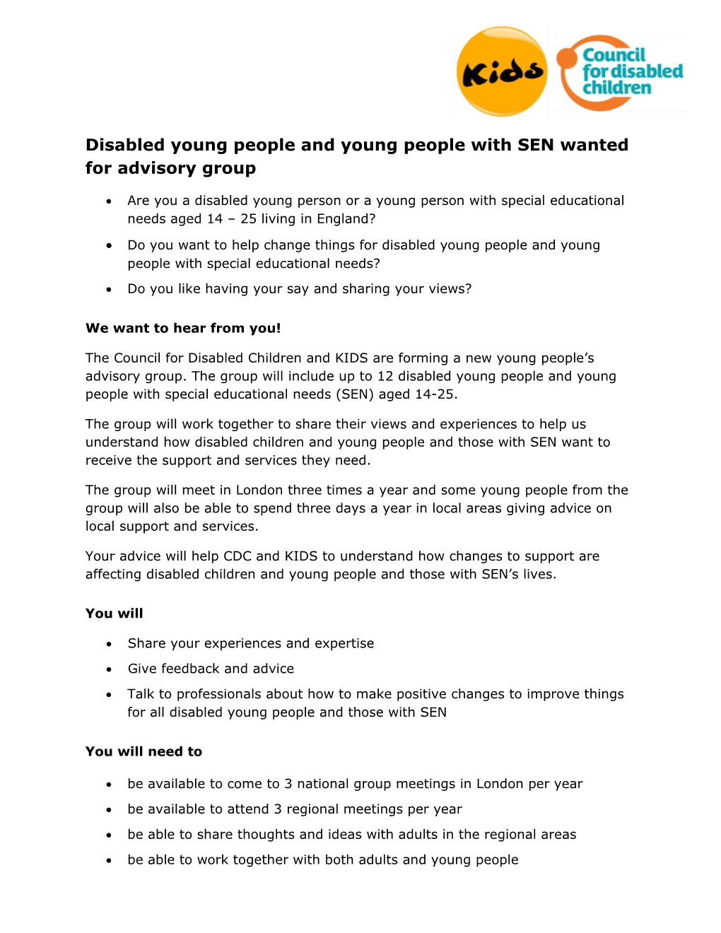 Disabled Young People and Young People with SEN Wanted for Advisory Group
