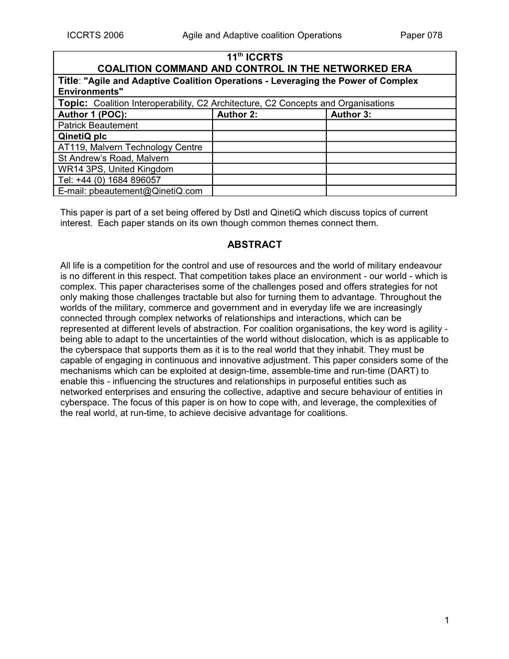 ICCRTS 2006 Agile and Adaptive Coalition Operations Paper 078